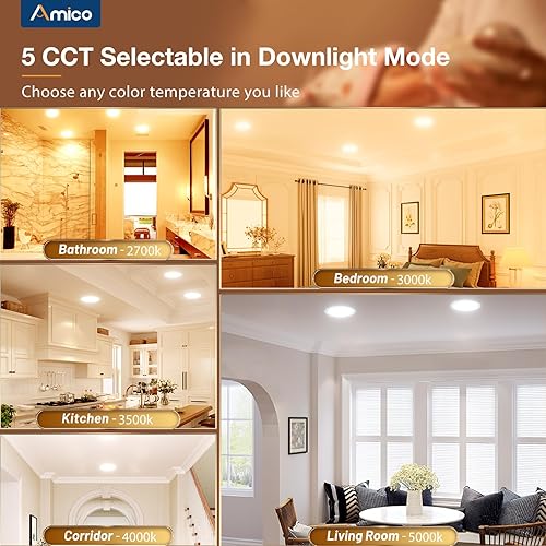 Miniatura 4 de Amico Paquete de 12 luces LED empotrables de techo 5CCT de 8 pulgadas con luz nocturna, 2700 K3000 K3500 K4000 K5000 K iluminación empotrada
