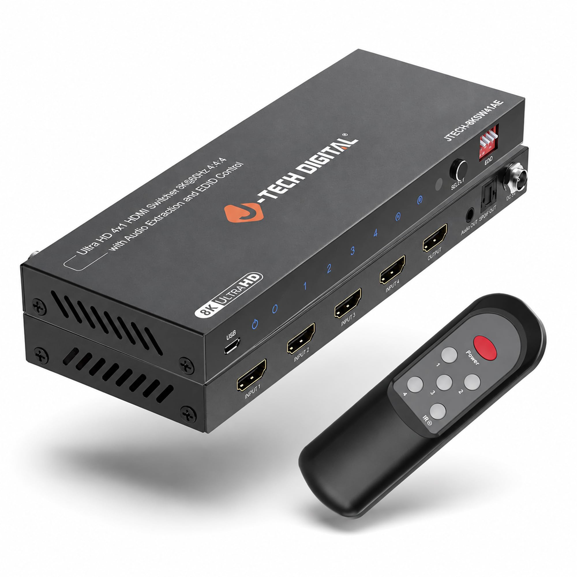 J-Tech - Interruptor HDMI digital 8K 4 en 1 de salida, 8K@60Hz 4K@120Hz 1080P@240Hz con extracción de audio, HDMI a óptico y analógico 3.5mm, HDR HDCP2.3 EDID Control (JTECH-8KSW41AE)