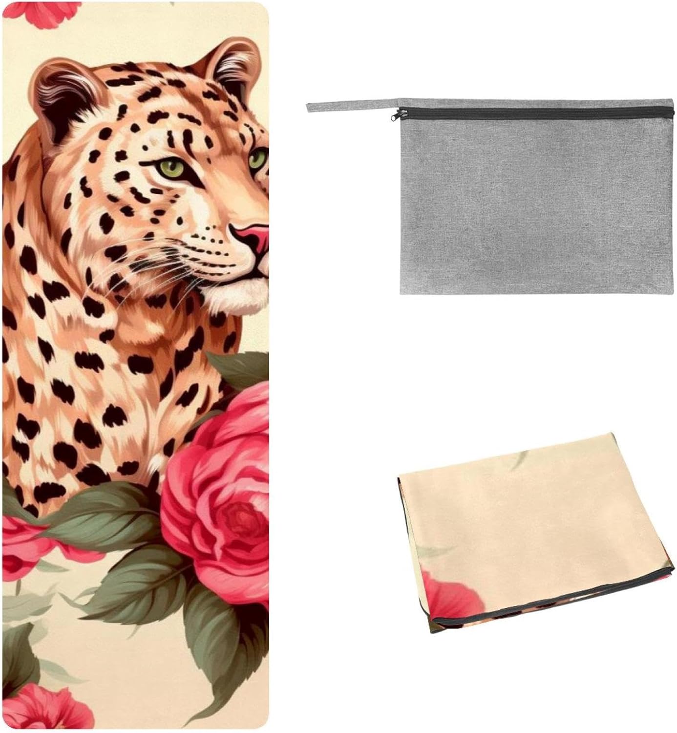 Yoga Towel, Leopard Rose Flower Non Slip Sweat Absorbent Hot Yoga Mat Towel for Hot Yoga, Pilates and Fitness - 72.8" x 26.8"