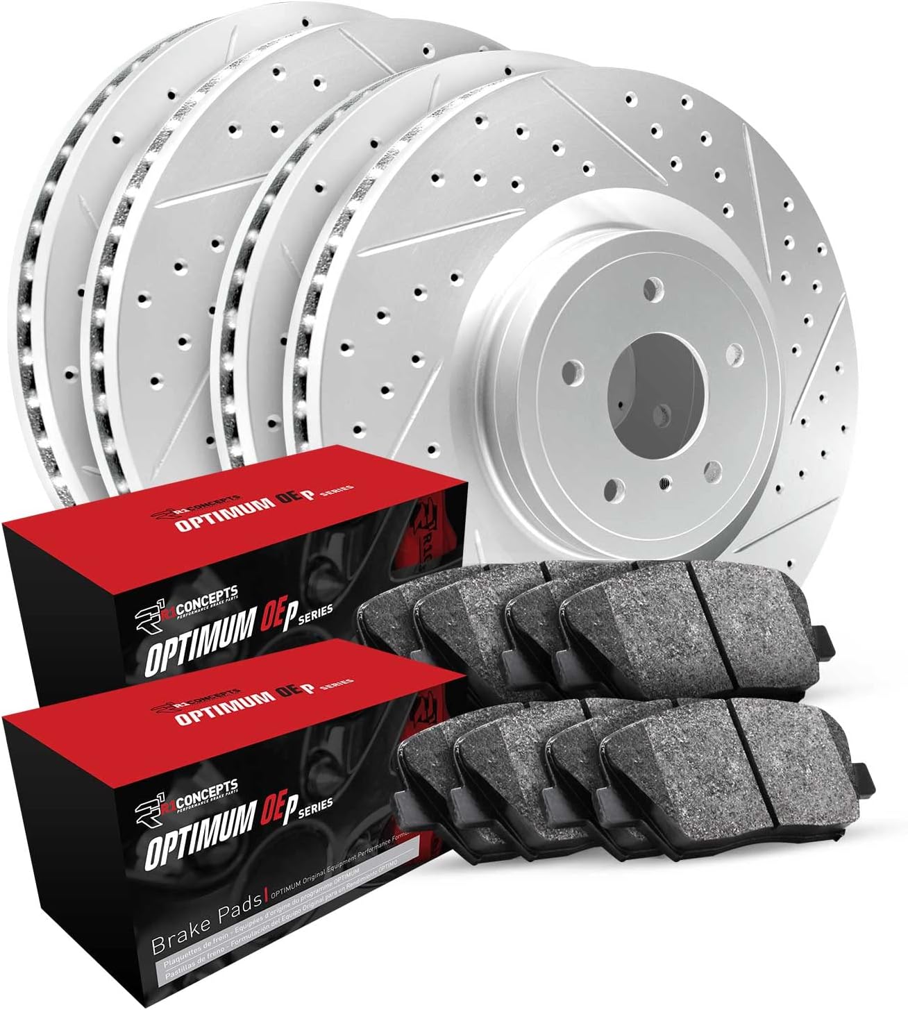 R1 Concepts Front and Rear Brake Kit For 2018-2020 Audi S4, SQ5, 2019-2020 Audi S5, 2018 Audi S5| Drilled Slotted Brake Rotors| Optimum OEP Brake Pads and Rotors Kit