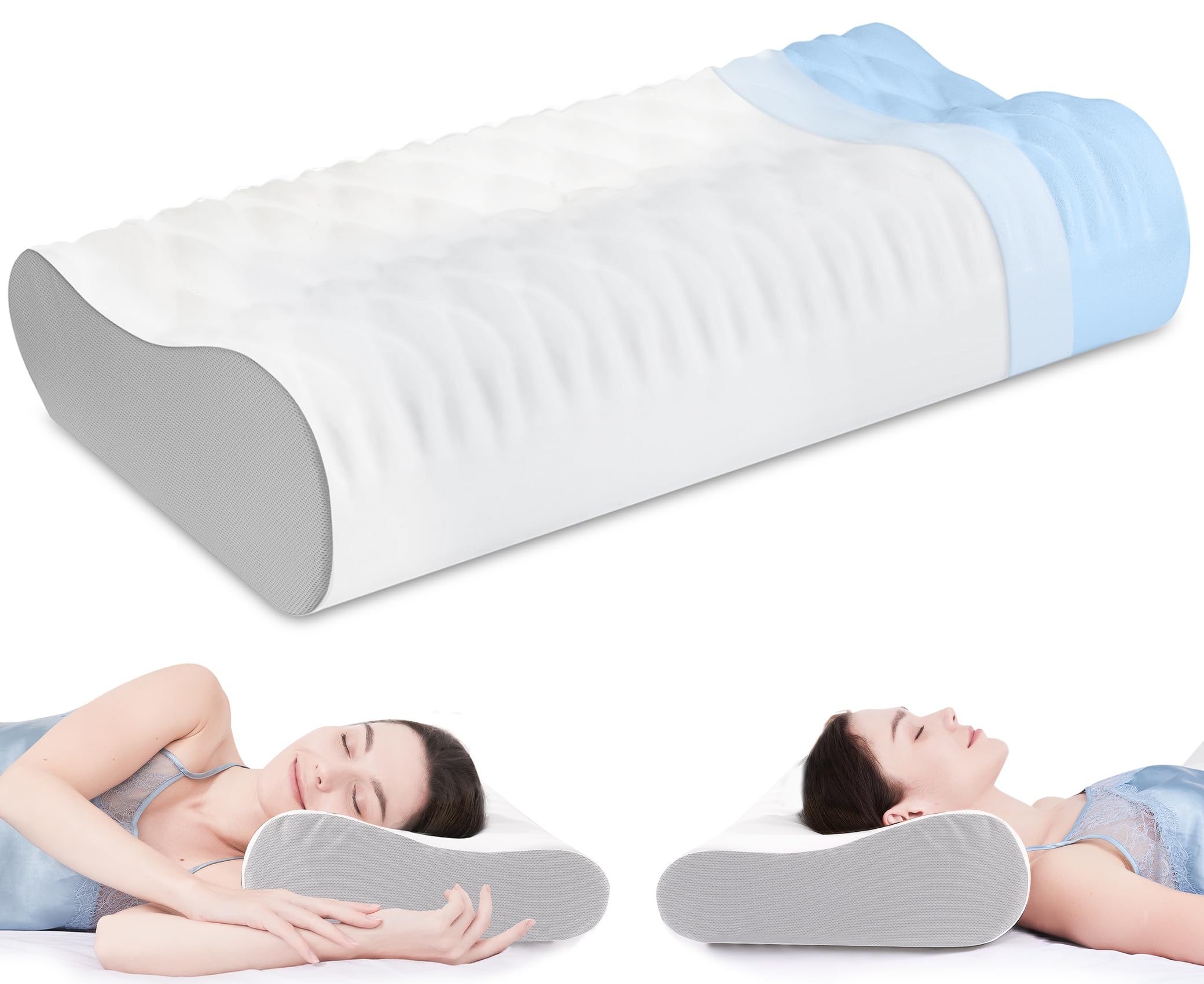 ofwaterstroll Memory Foam Pillow for Neck Pain, CertiPUR-US® Cervical Neck Pillow with Dual-Height Design, Cooling Cover, 3D Ergonomic Support & Odor-Free Tech for Side/Back/Stomach Sleepers (White)