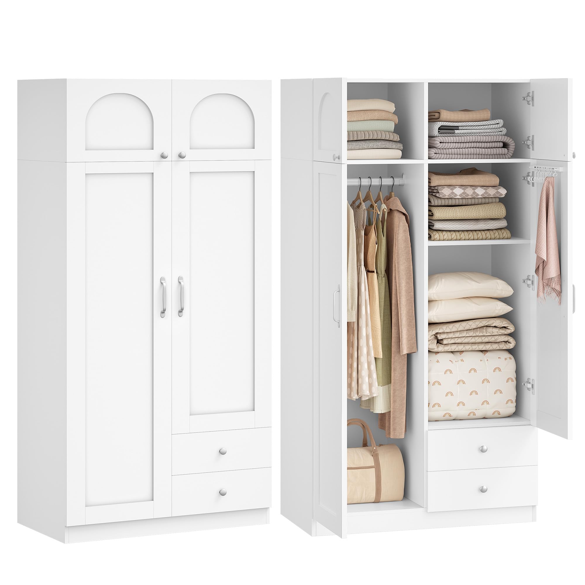 Hzuaneri Armoire avec 4 Portes 2 Tiroirs, Armoire avec Tringle et Étagère de Rangement, Penderie pour Chambre à Coucher, Chambre d'amis et Petits Espaces, Blanc, BW08003E