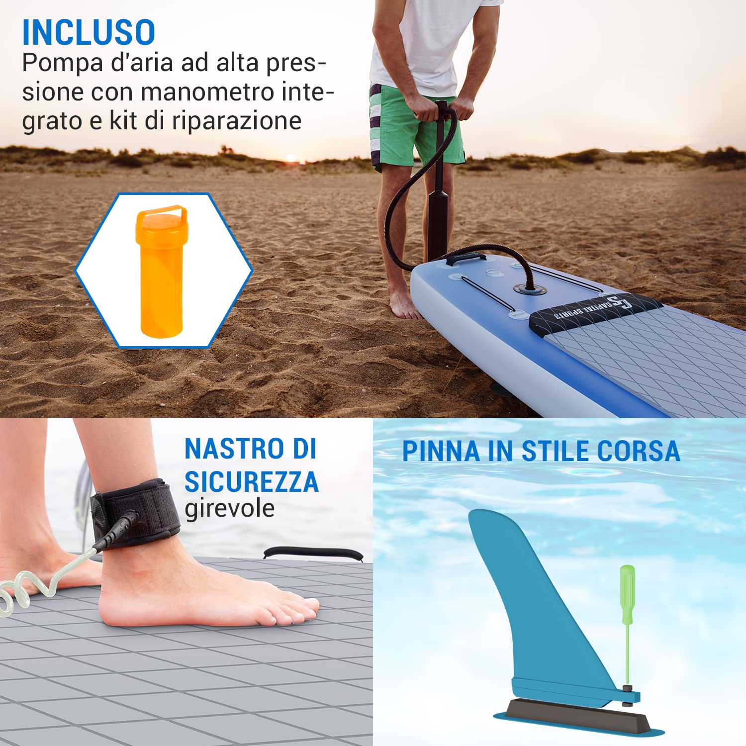 CAPITAL SPORTS SUP, Tavola SUP Gonfiabile per Adulti e Bambini, Versatile Stand Up Paddle con Pagaia SUP, Borsa da Trasporto, Pompa SUP e Accessori da Paddle Board e Kayak