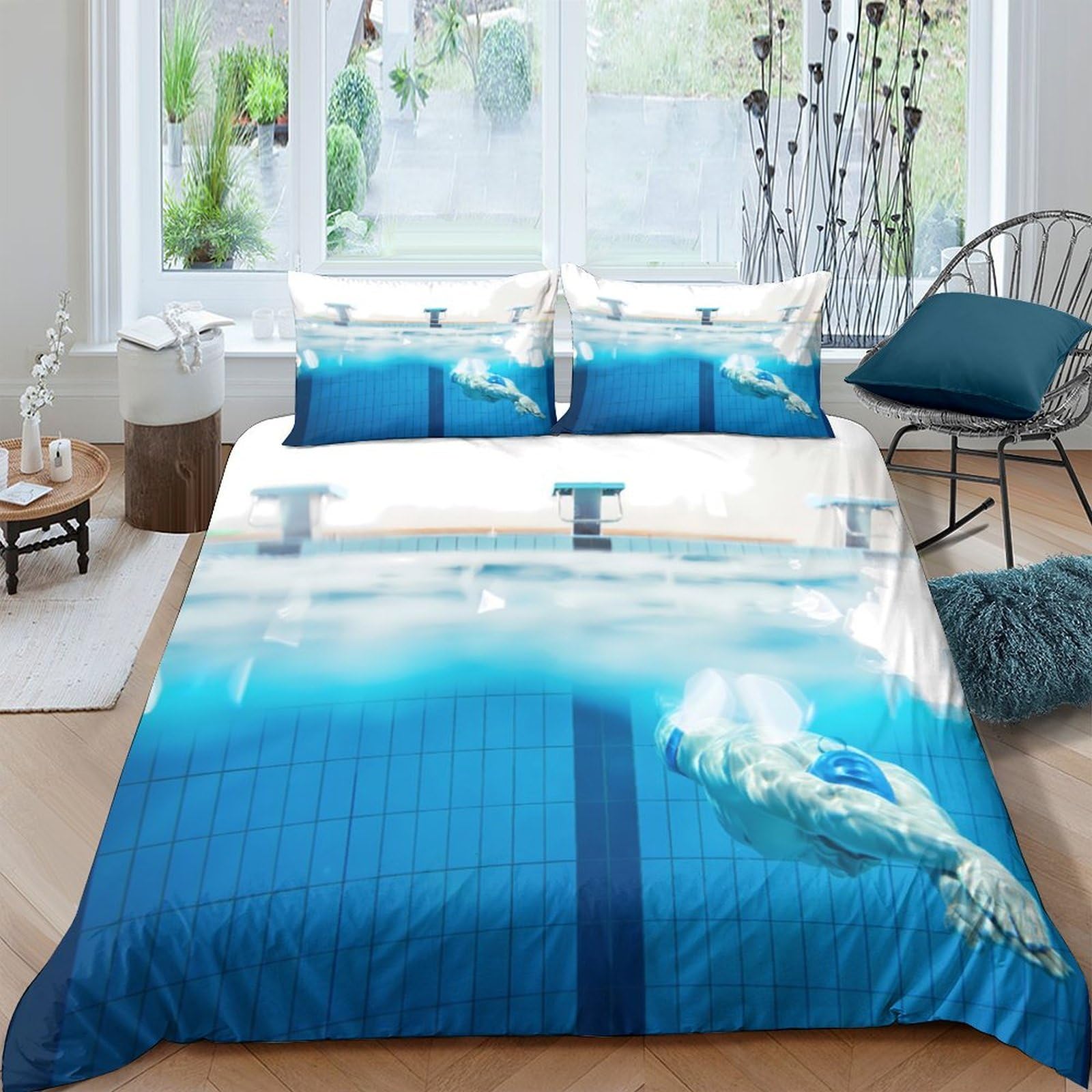 Ctjqhvkz Style-8 3D Printed Swimming Pool Fitted Sheet Microfiber Soft Blue Diver Bed Cover For Bedroom Guest Room Easy Care Single（135X200cm）