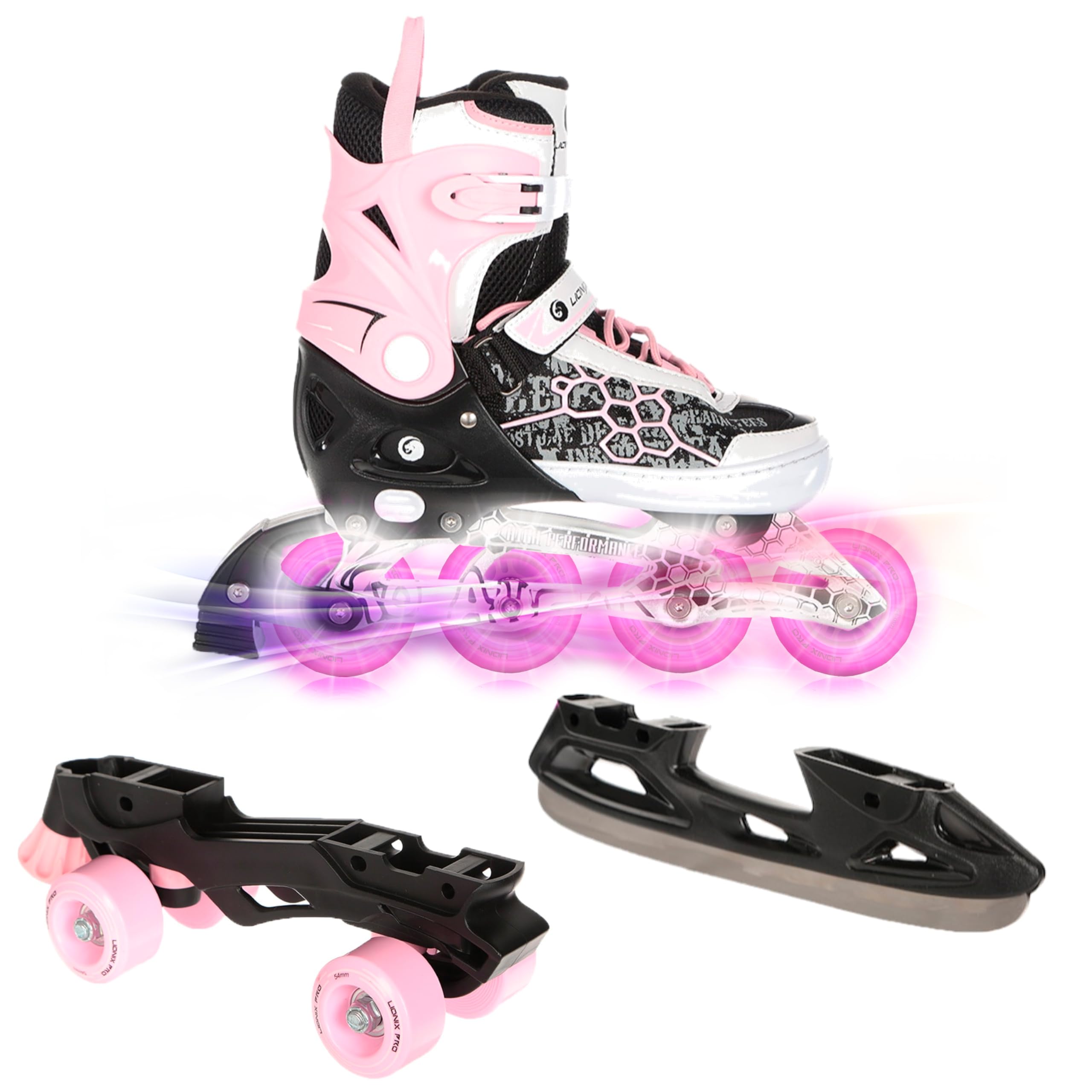 Lionix Pro ECLECTIC,Convertible Frames 3 in 1 (Ice/Inline/Quad),Pink/Green/Black,Adjustable Up to 3 sizes,LED Light Up Wheels in Inline Skates frame, for Girls,Boys,Women,Men,Fitness, High Performance