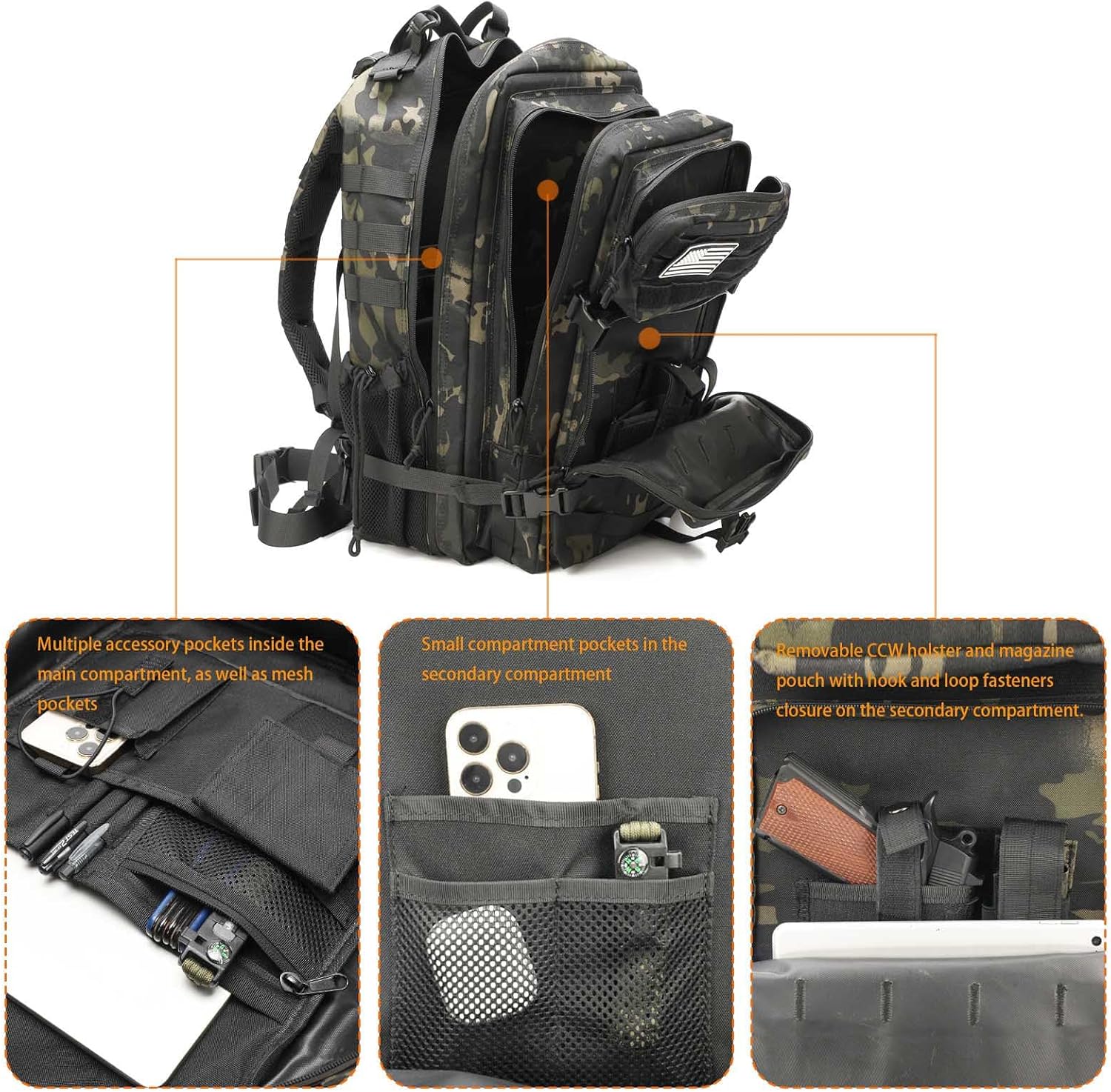 Tactical Backpack for Men, Military Backpacks with Gun Holster, Bug Out Bag 3 Day Assault Pack Large Molle Gun Backpack Pistol Bag of Handgun Black Camo - Image 4