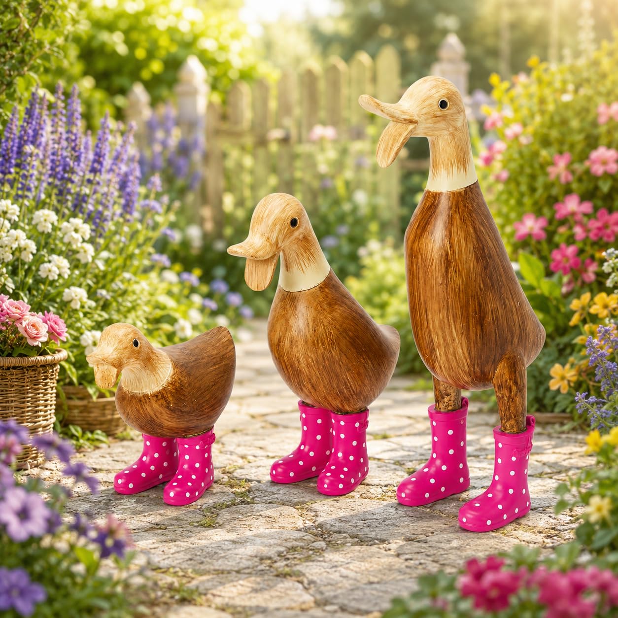 GUTE Duck Yard Dekorationen Yard Art Garten Pfütze Enten mit rosa gepunkteten Gummistiefeln Set von 3 – Gartendekoration Statuen Ente Figur Statue – Wasserdicht Indoor & Outdoor Rasen Zwerg Ornament