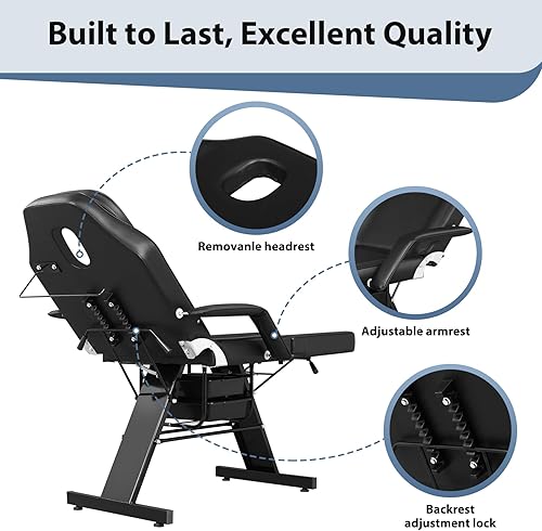 Miniatura 5 de Bigbiglife Cama de tatuaje de salón de masaje con cesta de belleza, cama de masaje profesional de 3 pliegues de altura ajustable para spa salón de