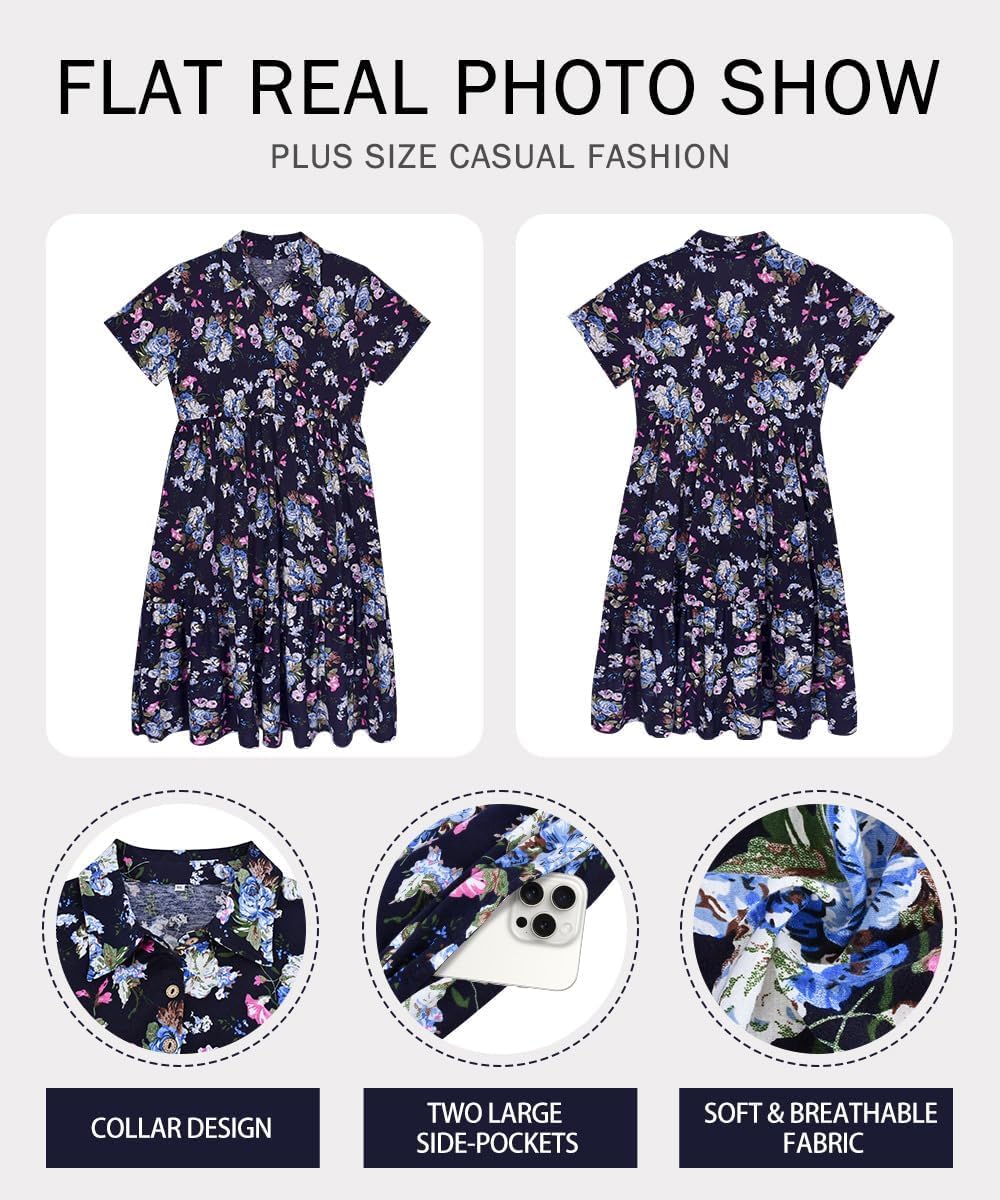 RITERA Plus Size Short Sleeve Dress for Curvy Women Button Up Floral Flowy Summer Casual Maxi Dresses with Pockets XL-5XL - Image 4