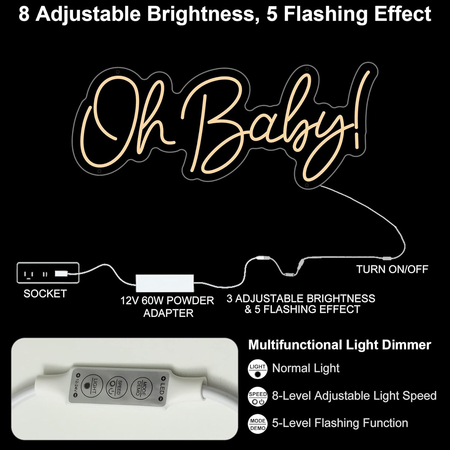 Oh Baby Neon Sign for Wall Decor, Custom Neon Light Sign for Baby Shower Decorations Large Neon Led Signs with Dimmer Switch Baby Bedroom Birthday Wedding Party Gift