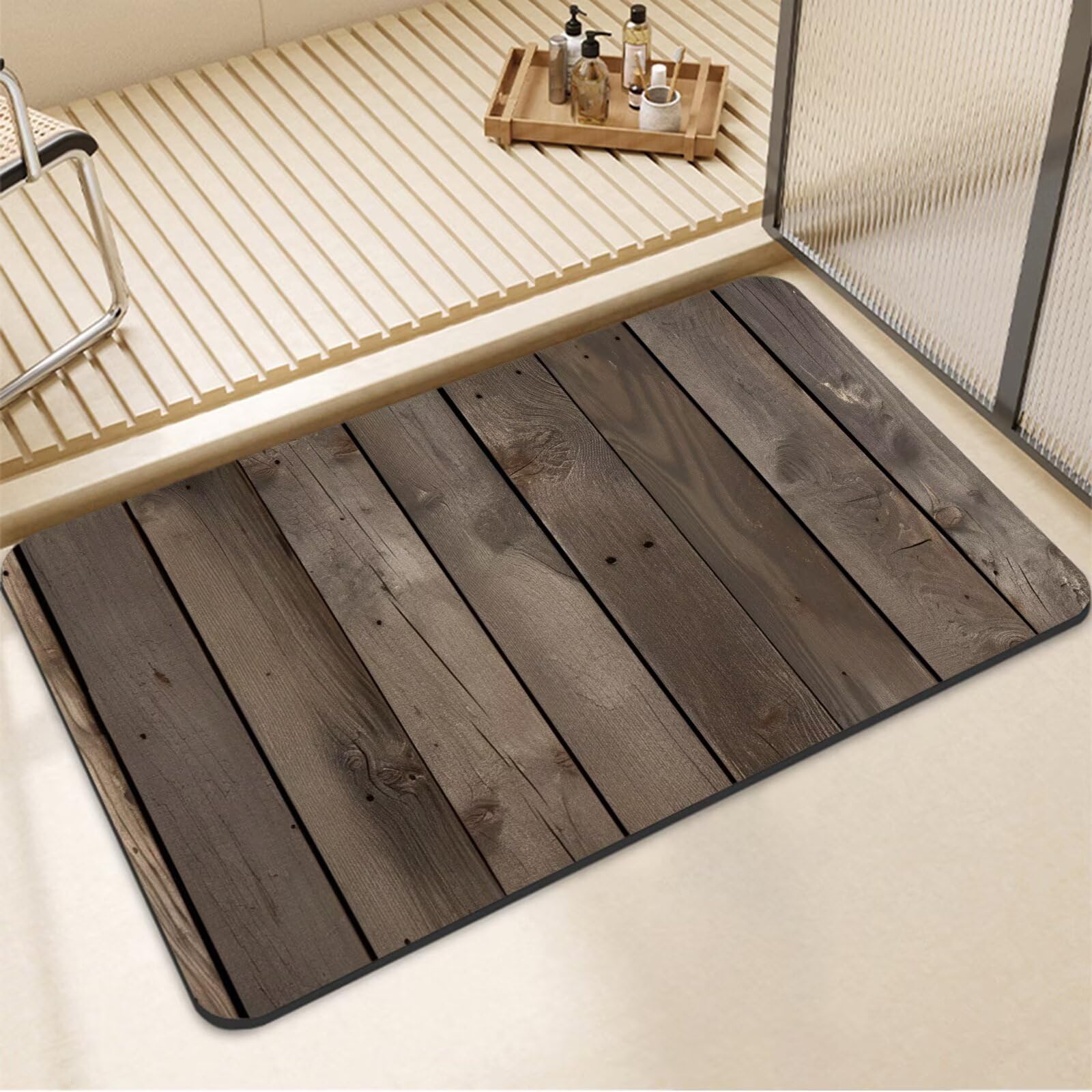 Tapis de douche taupe grand format pour habiller le sol d'une salle de bain familiale
