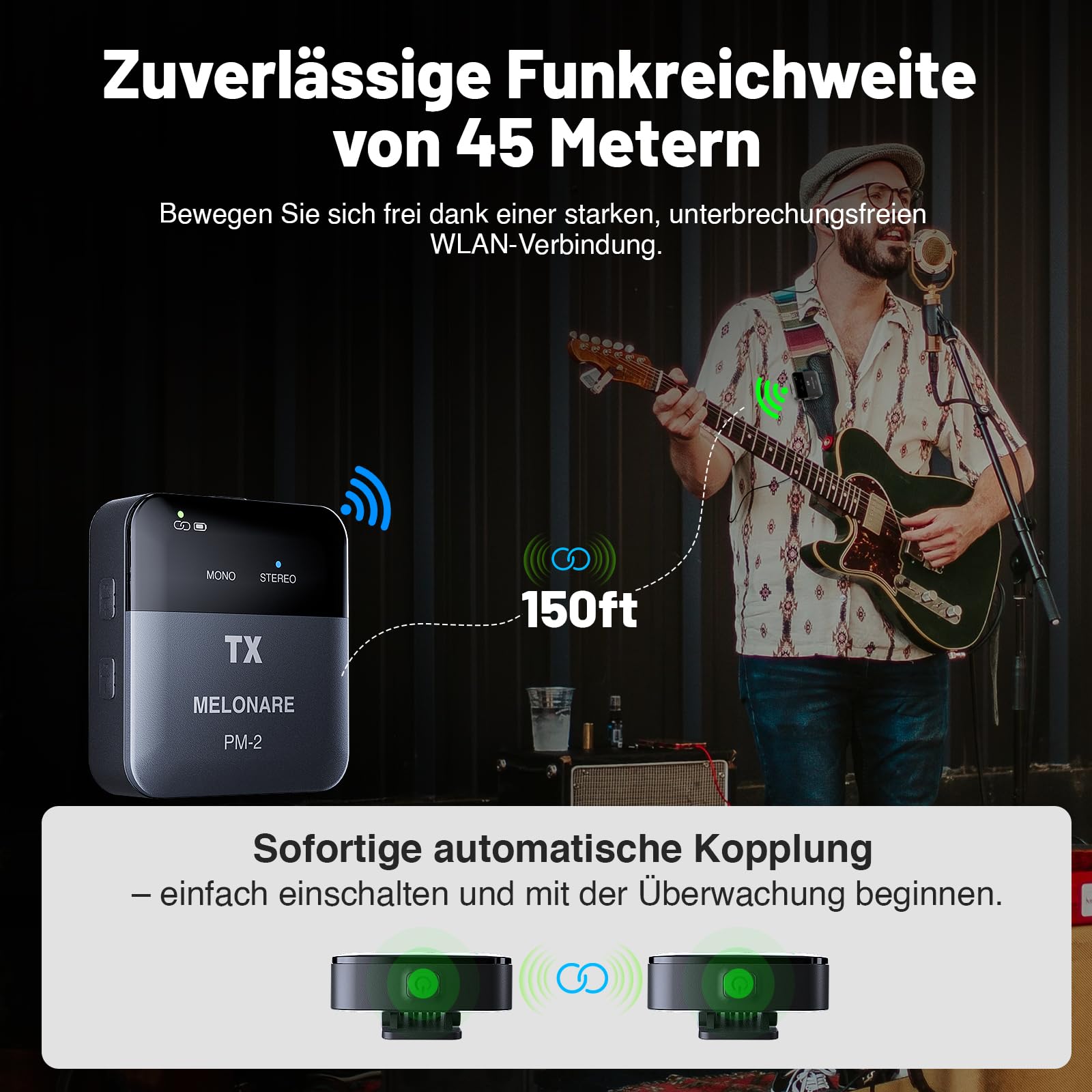 MELONARE PM-2 Tragbares kabelloses In-Ear-Monitor-System mit Ladecase, Sender & Empfänger, 24-Bit/48kHz Audio, OTG-Eingang, Mono/Stereo-Schalter, ideal für Live-Auftritte, Studio & Bands