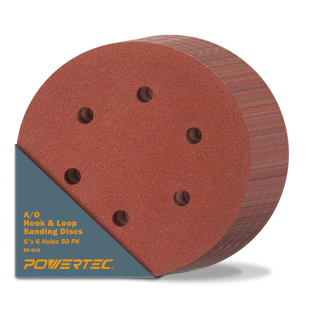 POWERTEC 45208-P2, discos de lijado de gancho y bucle de 6 pulgadas, grano 80, 6 pulgadas, papel de lija para lijadora orbital aleatoria, lijadora neumática, lijadora de doble acción, 50 unidades