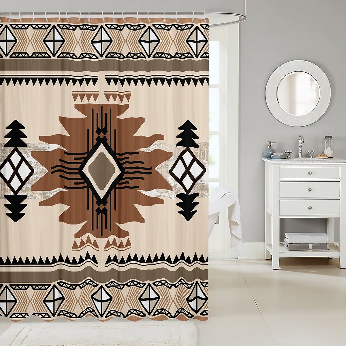 Feelyou Boho Shower Curtain 72"x78" Southwest Native American Design Bathroom Shower Curtain Set Southwestern Geometric Bath Curtain Western Decor Bathroom Accessories Beige Brown