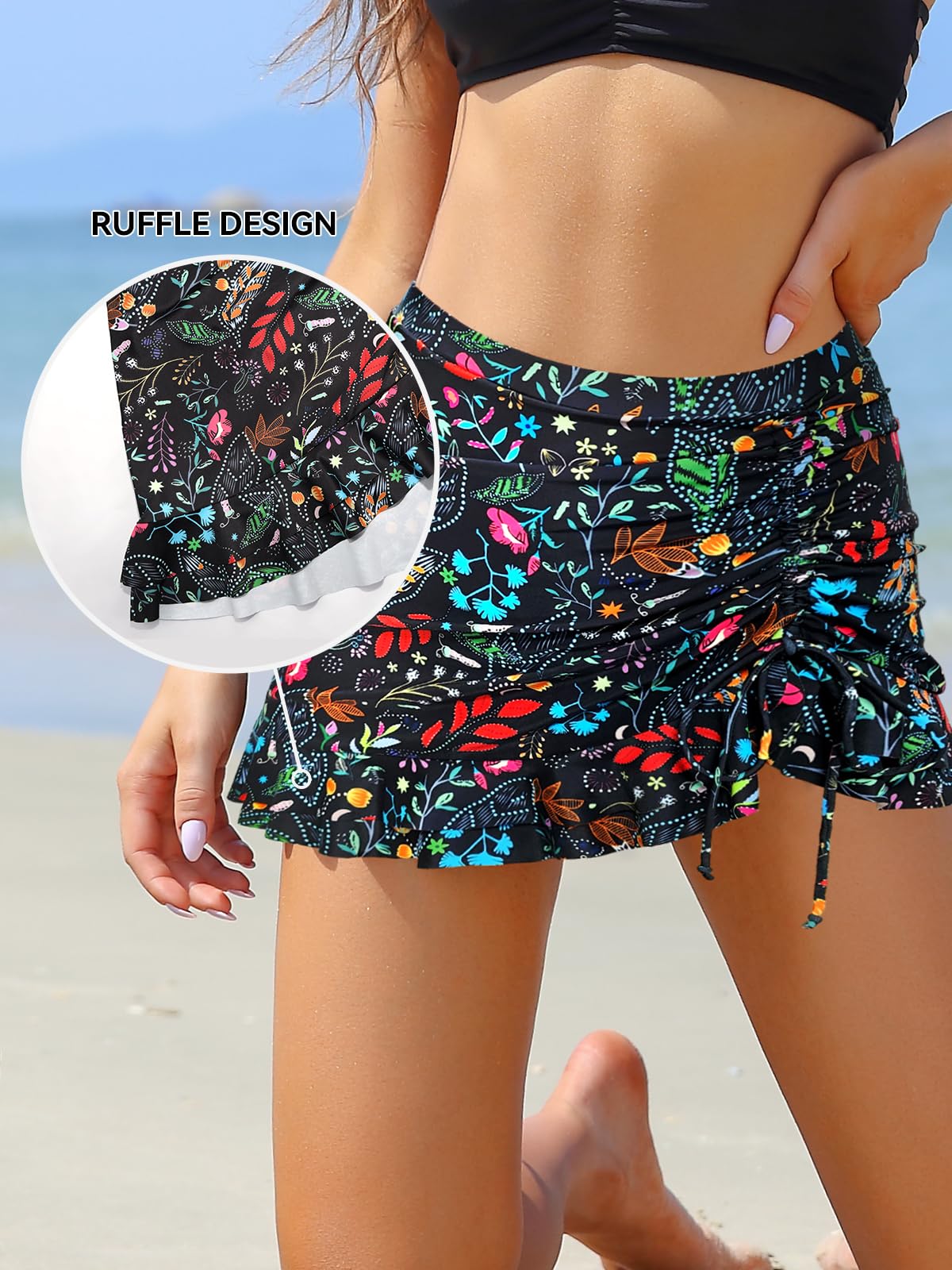 SHEKINI Traje de Baño para Mujer Elegante Ruched Bikini Falda Corta Incorporada Pantalones de Bikini Deportivo Verano Falda de Baño con Cordón de Playa — view 5