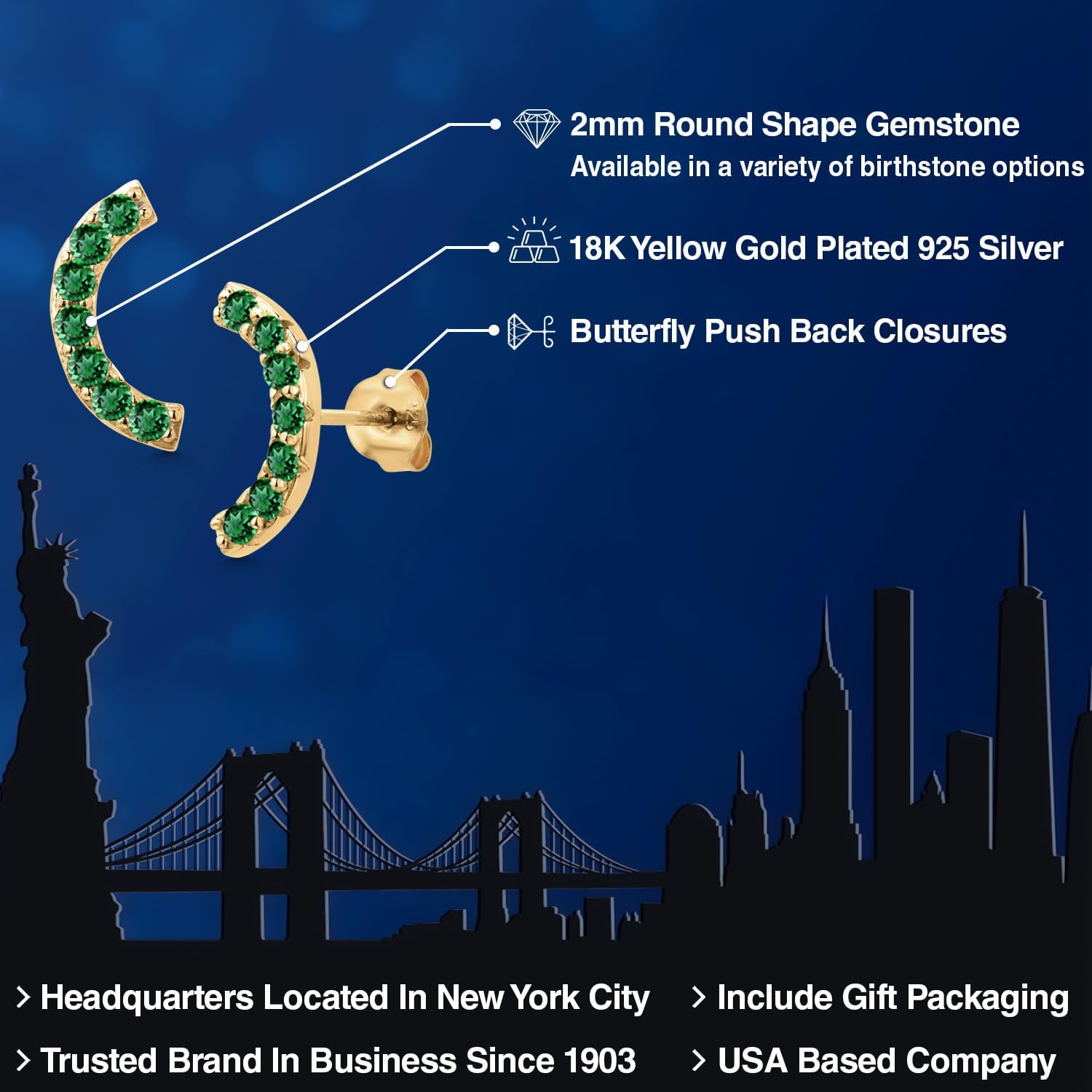 Gem Stone King 18K Yellow Gold Plated Silver Round 2MM Gemstone Stud Ear Crawler Earrings for Women