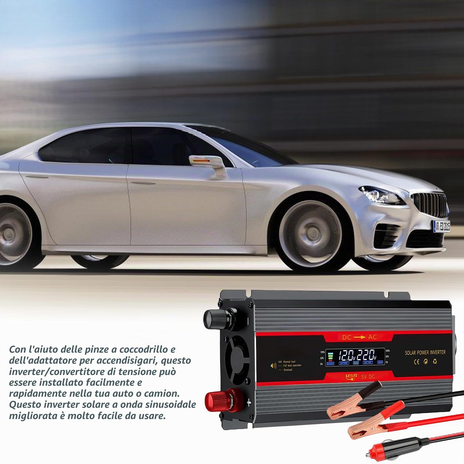 Inverter Trasformatore di Tensione: 700W/2000W DC 12V / 24V su AC 230V Trasformatore di Tensione, con Clip Alligatore Accendisigari, Onda Sinusoidale Modificata Inverter Solare per Auto