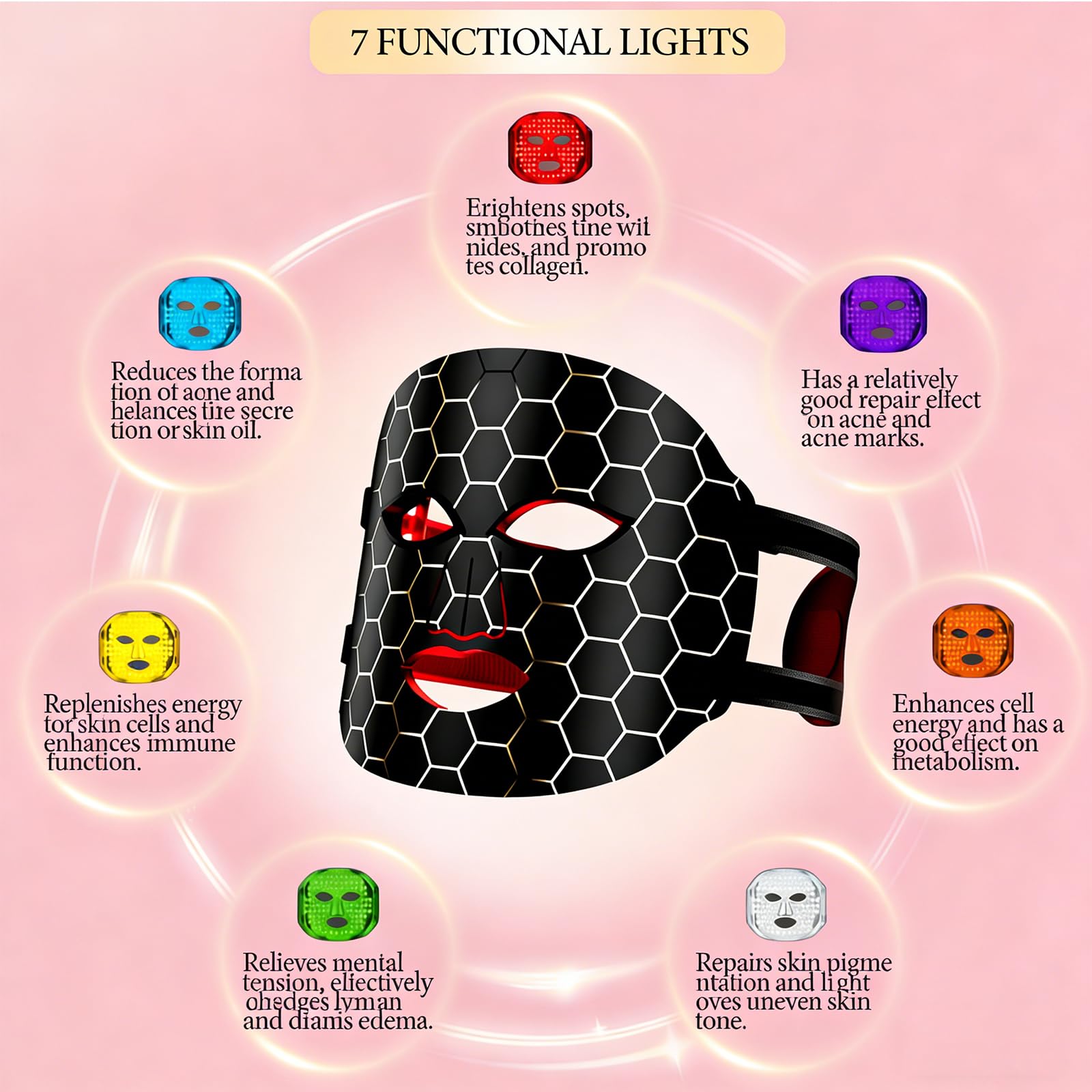 LED Gesichtsmaske, 7 Lichttherapien für Anti-Aging und Akne, Infrarot Lichttherapiemaske für Gesicht, Wiederaufladbare Silikon-Maske für strahlende Haut, Schwarz