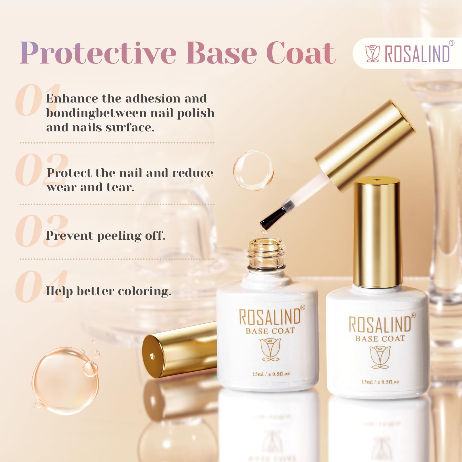 ROSALIND Base Coat Vernis Semi Permanent, UV LED Soak Off Vernis à Ongles Gel Polish kit manucure semi permanent 15ml