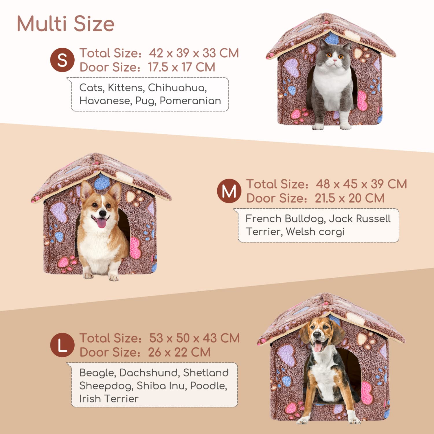 Nobleza Caseta para Perros,Casa Gatos Interior, Cama para Perro con Colchón Extraíble, Plegable Casa para Gato, Conejos, 53x50x43cm L, Marrón