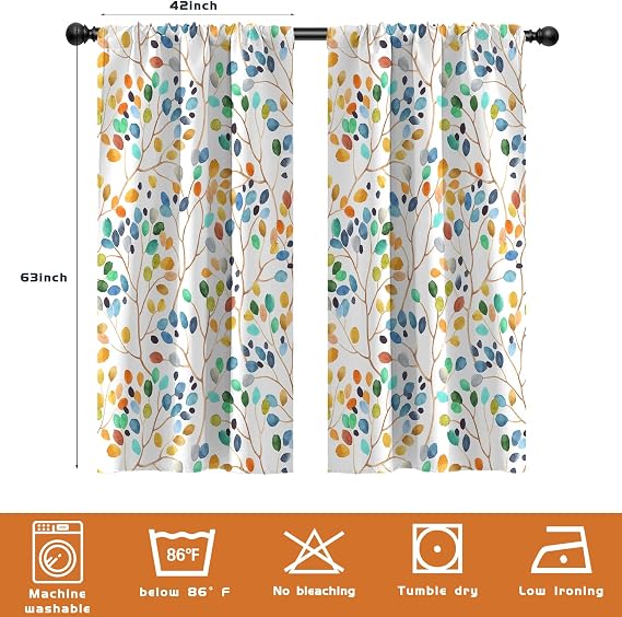 Colorful Window Curtains Rod Pocket Floral Flower Cute Boho Summer Leaf Leaves Plant Garden Botanical Watercolor Vintage Rustic Abstract Drapes 2 Panels for Living Bedroom Decor 42X63 Inch
