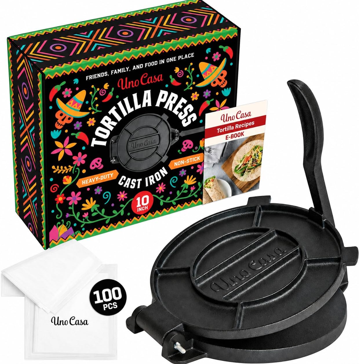 Uno Casa Cast Iron Tortilla Press 10 Inch - Tortilla Maker Press, Pre-Seasoned Roti Maker with 100 Pcs Parchment Paper - Heavy Duty Quesadilla Maker for Homemade Flatbreads, Rotis, Empanadas