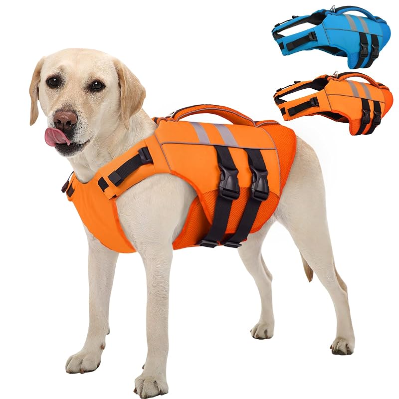 Colete salva-vidas para cães Kuoser com flutuação em espuma e faixas refletivas, Orange, tamanho M