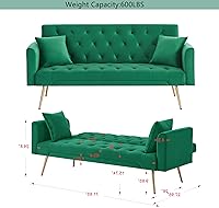 Vista 10 de Sofá cama moderno de terciopelo de 72 pulgadas, sofá cama plegable convertible con 3 respaldos ajustables, sofá biplaza reclinable copetudo