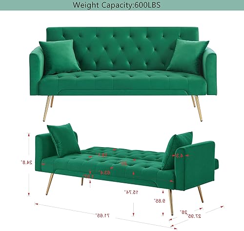 Miniatura 10 de Sofá cama moderno de terciopelo de 72 pulgadas, sofá cama plegable convertible con 3 respaldos ajustables, sofá biplaza reclinable copetudo con