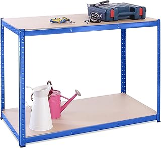 G-Rack Garage Workbench & Shelving: 90cm high x 120cm wide x 60cm deep | Heavy Duty Racking Shelves for Storage, Blue 2 Tier (300KG Per Shelf), 600KG Capacity | For Workshop, Shed | 5 Year Warranty
