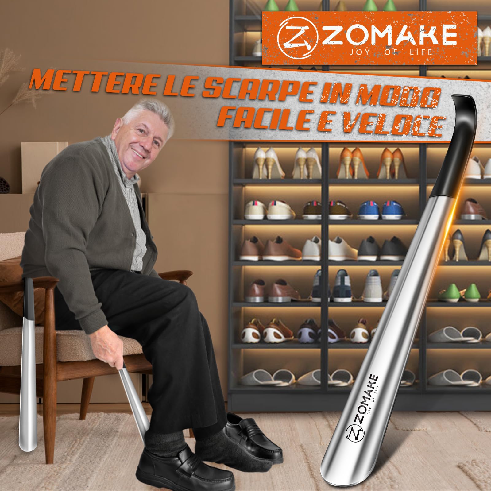 ZOMAKE Calzascarpe Lungo, Calza Scarpe Metallo 42cm, Calzante per Scarpe Acciaio Inossidabile, Shoe Horn per Uomini Donne Anziani