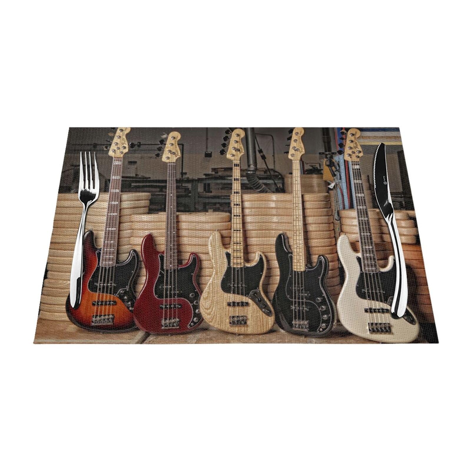 PVC Placemat Set of 4 PCS, 45x30 CM, Guitar Bass Music Musical Instruments Printed Non-Slip Heat Resistant Place Mats for Kitchen Dining Table Indoor Outdoor
