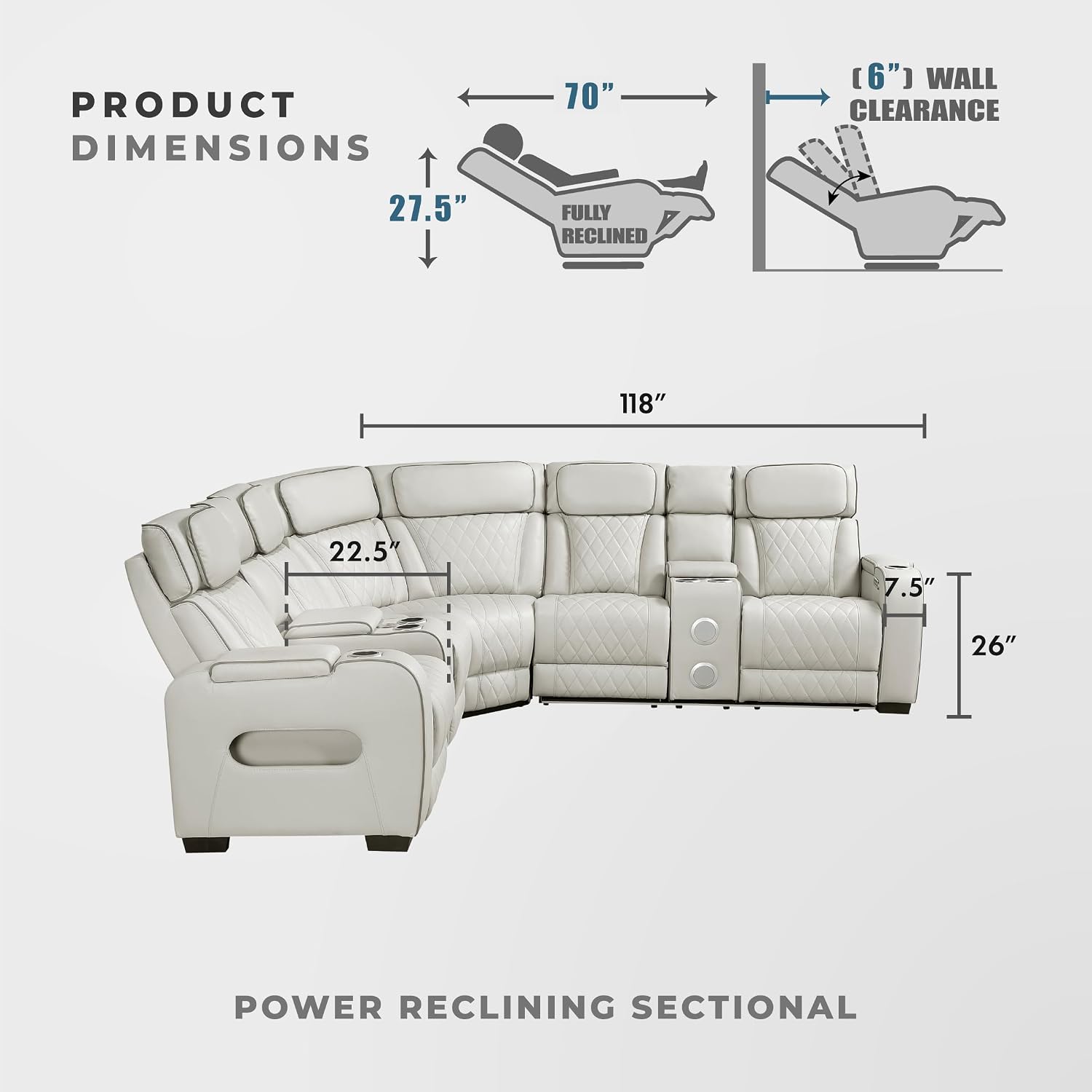 Lexicon 118" Power Reclining Sectional Sofa, Wall Hugger, 2 Recliner Seats, 2 Storage Arms, 2 Console Cup Holders, Power Headrests, Charging Ports, Wireless Speakers, LED Lighting, Faux Leather Taupe
