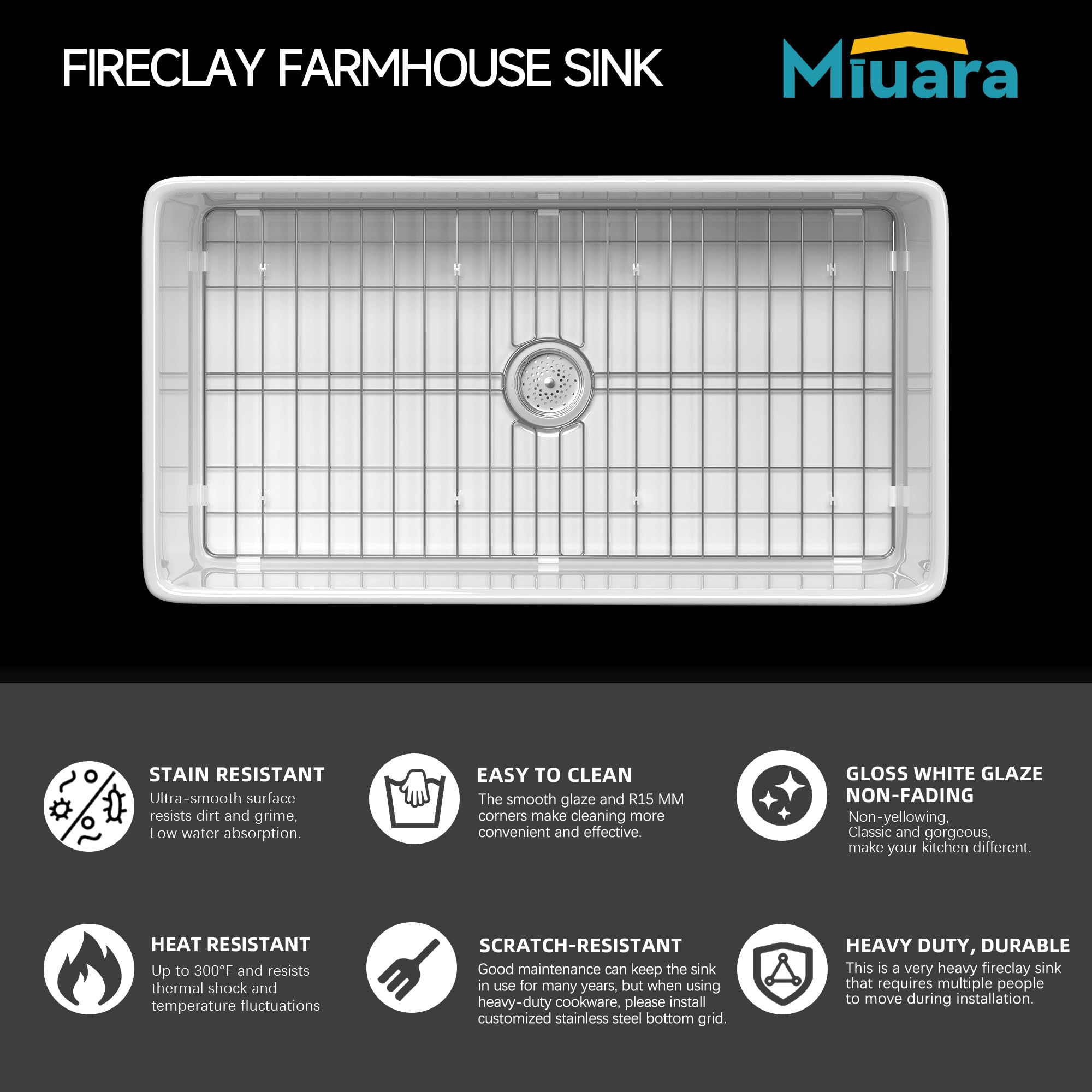 Miuara Fregadero de Granja de 33 Pulgadas - Fregadero de Cocina con Frente de Delantal Reversible 33"x18"x10", Instalación Bajo Encimera, Cuenco Individual de Estilo Casa de Granja, Arcilla
