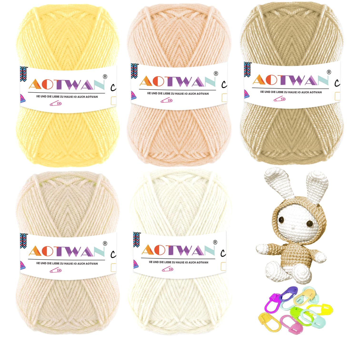 AOTWAN 250g Crochet Yarn Wool for Crochet 5 Colours x 50g Pastel Lovely Wool Yarn Crochet for Beginners with 10 Stitch Markers