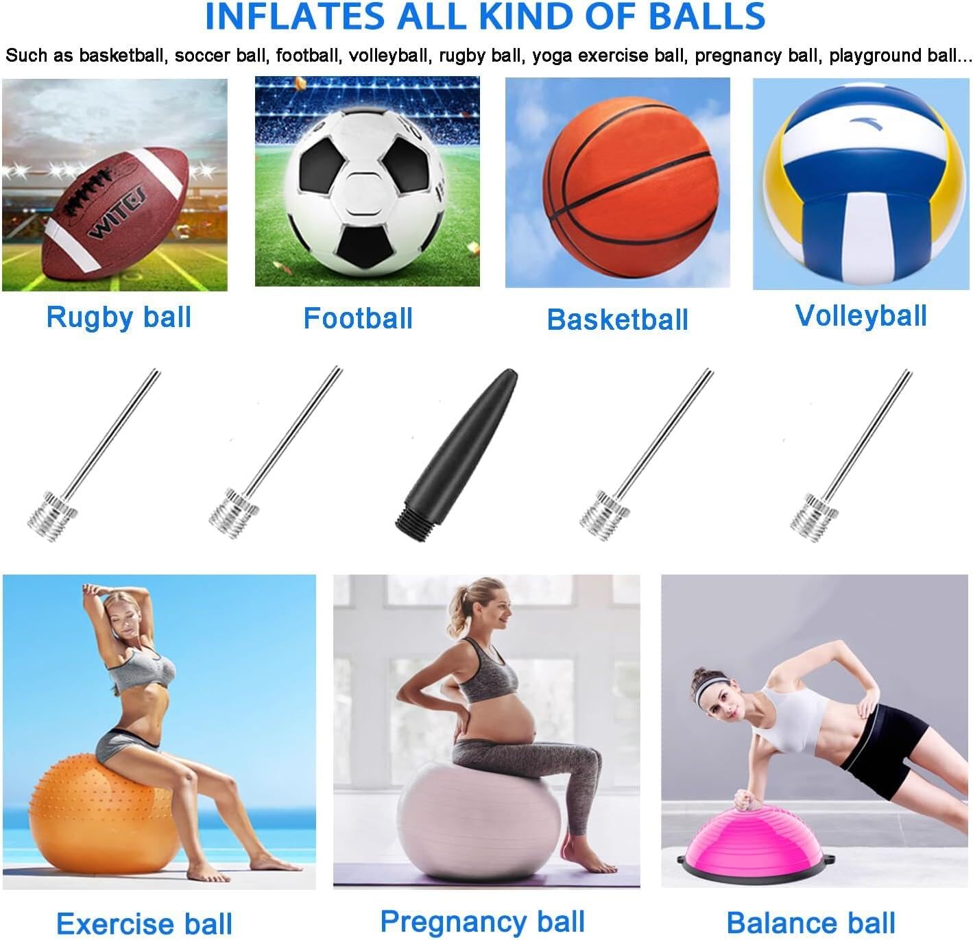 Pompe à Ballon avec Stockage d'aiguilles, Pompe à Ballon de Football avec 5 Aiguilles et câble Extensible, Pompe à air Manuelle pour Ballons de Sport, Football, Basket-Ball, Volley-Ball - 5