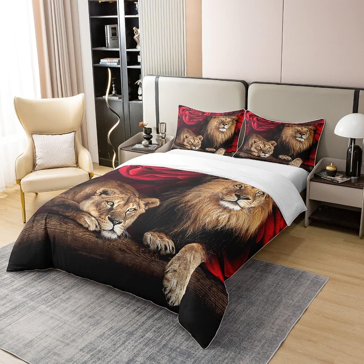 Juego de cama de algodón de 240 x 260 cm, funda nórdica de león rosa, juego de cama con estampado floral de animales, ropa de cama con temática de naturaleza, para niños jóvenes adultos, ultra suave