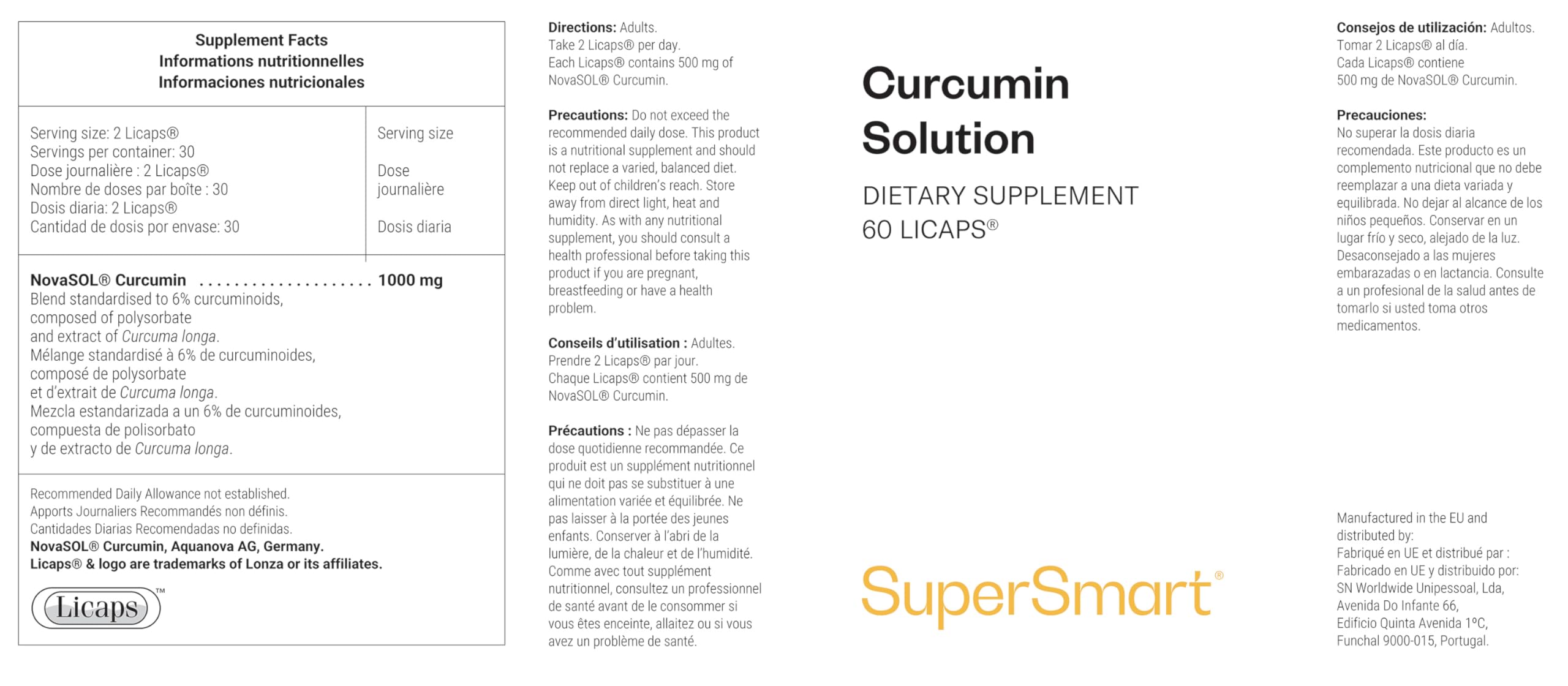 Supersmart - Tumeric Curcumin Solution - Curcuma - Conditionnement en Capsules LICAPS® (185 Fois plus Biodisponible que la Curcumine Classique) | Sans OGM - 60 Licaps