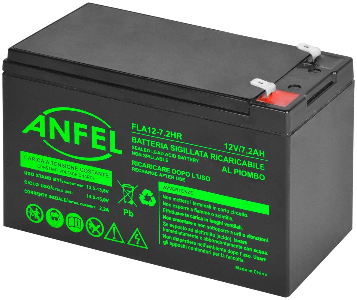 Batteria Ermetica al Piombo 7Ah 7,2 AH HR Alta RESA, per ups, Video Sorveglianza e Sistemi di Allarme. 12 V, Attacco Faston 6.3 mm, Versione HR 2,3 kg