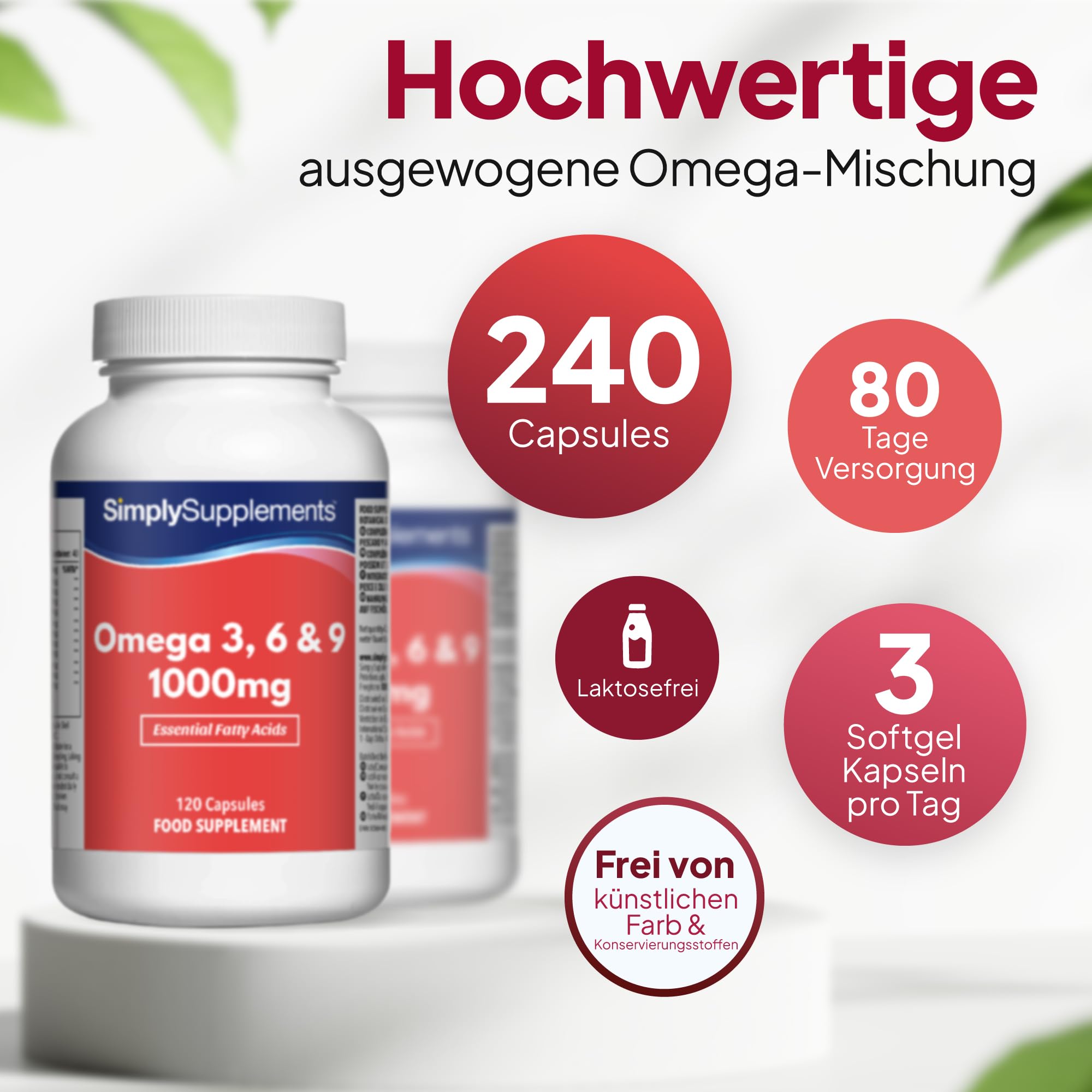Omega 3, 6 & 9 1000mg - 240 Kapseln - Versorgung für bis zu 8 Monaten - SimplySupplements
