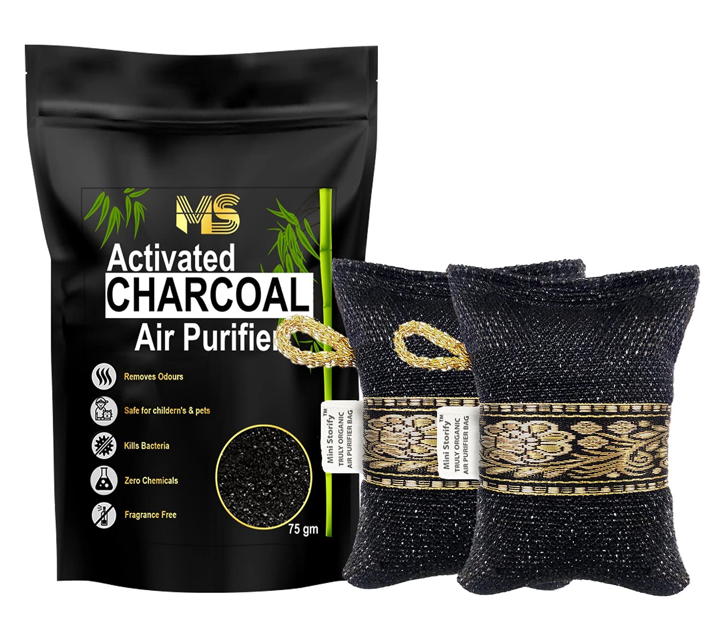 Mini Storify β Non Electric Activated Charcoal Air Purifier Bag | Pack of 2 | 75g x 2 β Natural Odor Remover and Deodorizer β Organic Air Freshener Bags for Shoe Rack, Car, Kitchen, Bathroom