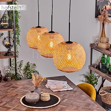 hofstein Hanglamp Bauro, hanglamp van metaal/glas in zwart/bruin, lamp 3 lampen in vintage/retro design met kap van bamboe (Ø 25 cm), hoogte max. 146 cm, 3 x E27, zonder lamp photo 2