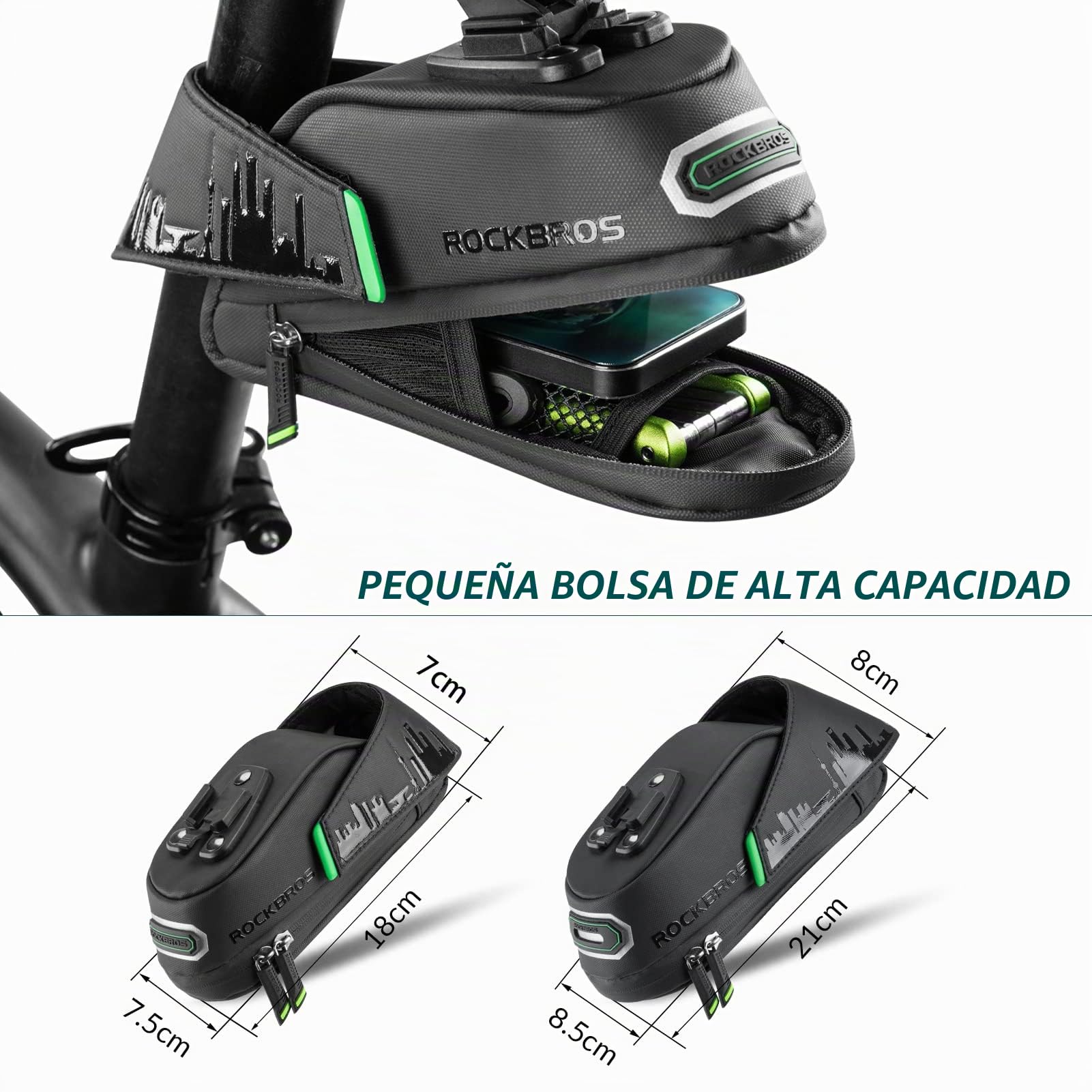 ROCKBROS Bolsa Sillín de Bicicleta Montaña Carretera MTB Alforja de Tija de Asiento con Soporte, Negro