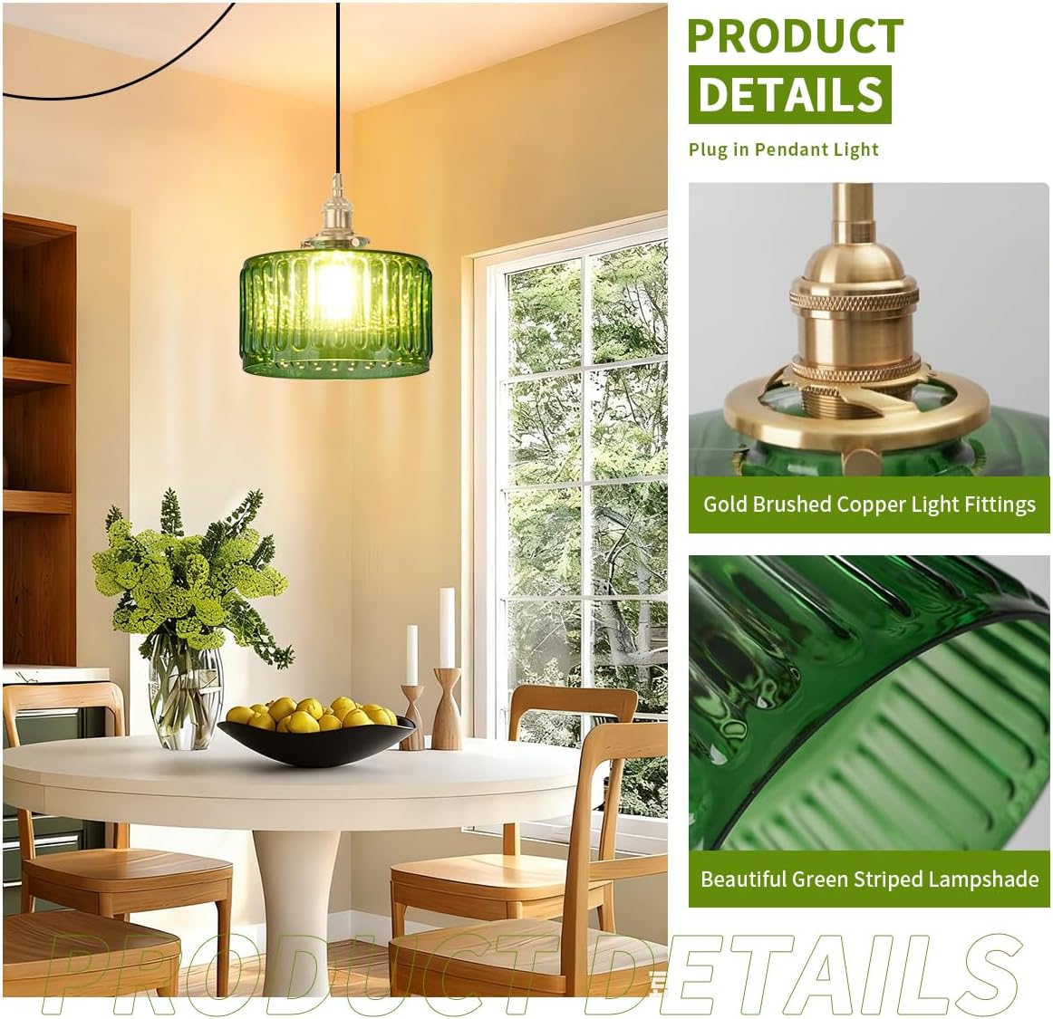 Plug in Pendant Light Green Glass Pendant Lamp Striped Glass Shade Vintage Plug in Ceiling Hanging Lamp 1-Light with Plug in Cord Swag Ceiling Light for Kitchen Island Living Room