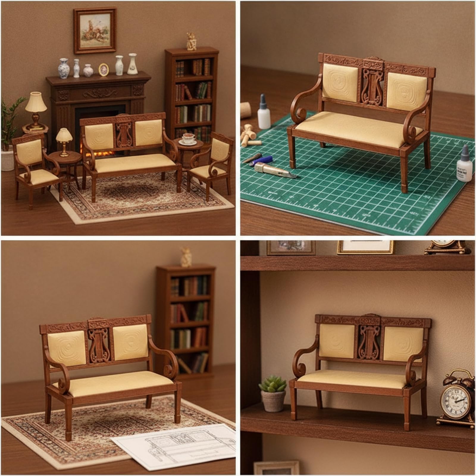 Sedia in Ridotta con Schienale Decorativo E Braccioli Arrotondati con Rivestimento in Tessuto Crema per Composizioni in Miniatura E Scaffale da Collezione