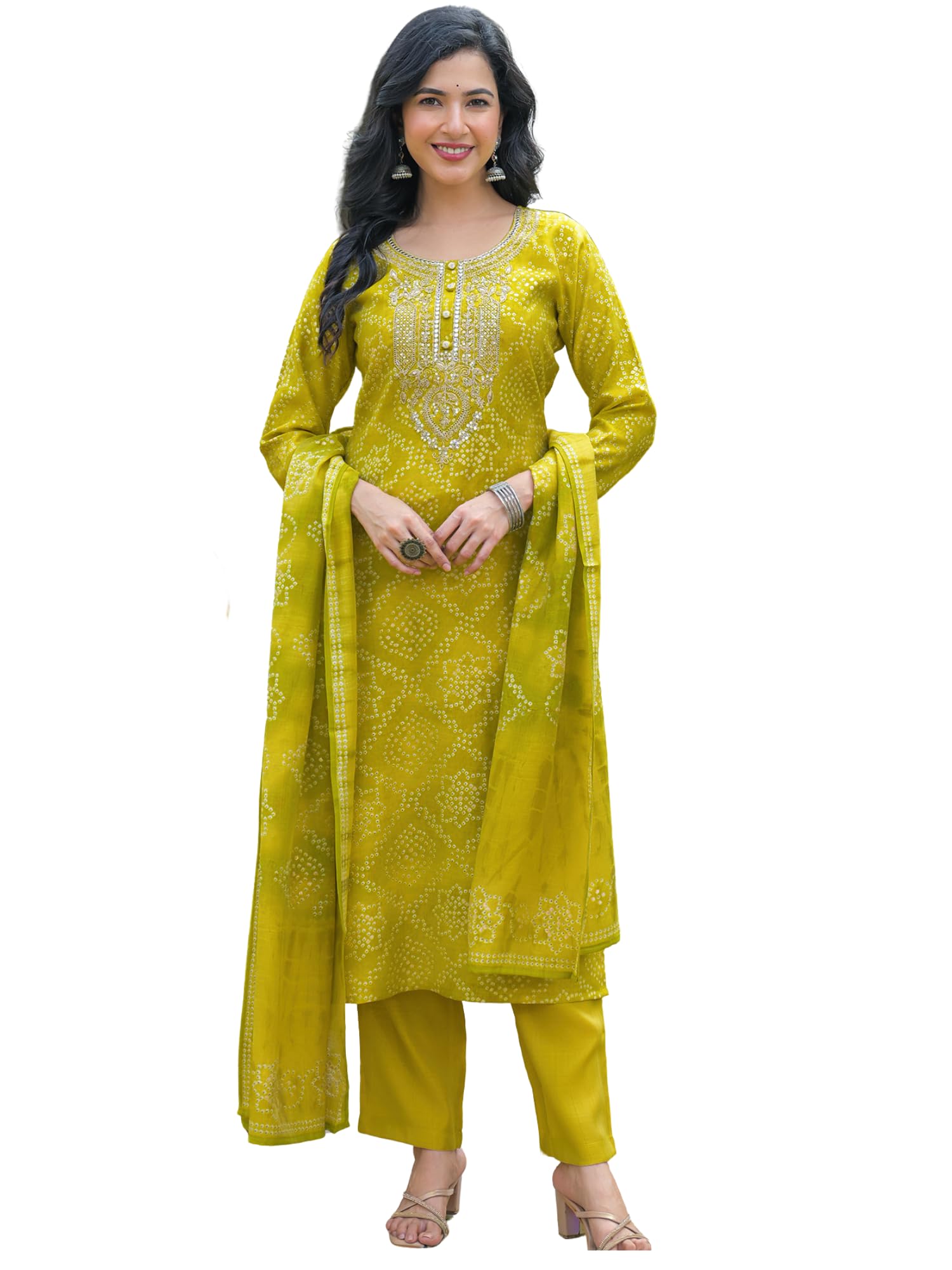 Women's Yellow Silk Blend Embroidered Straight Bandhani Kurta Trousers With Dupatta Set | Festive Straight Kurta Set For Women | Bandhani Salwar Suit For Women-image-40