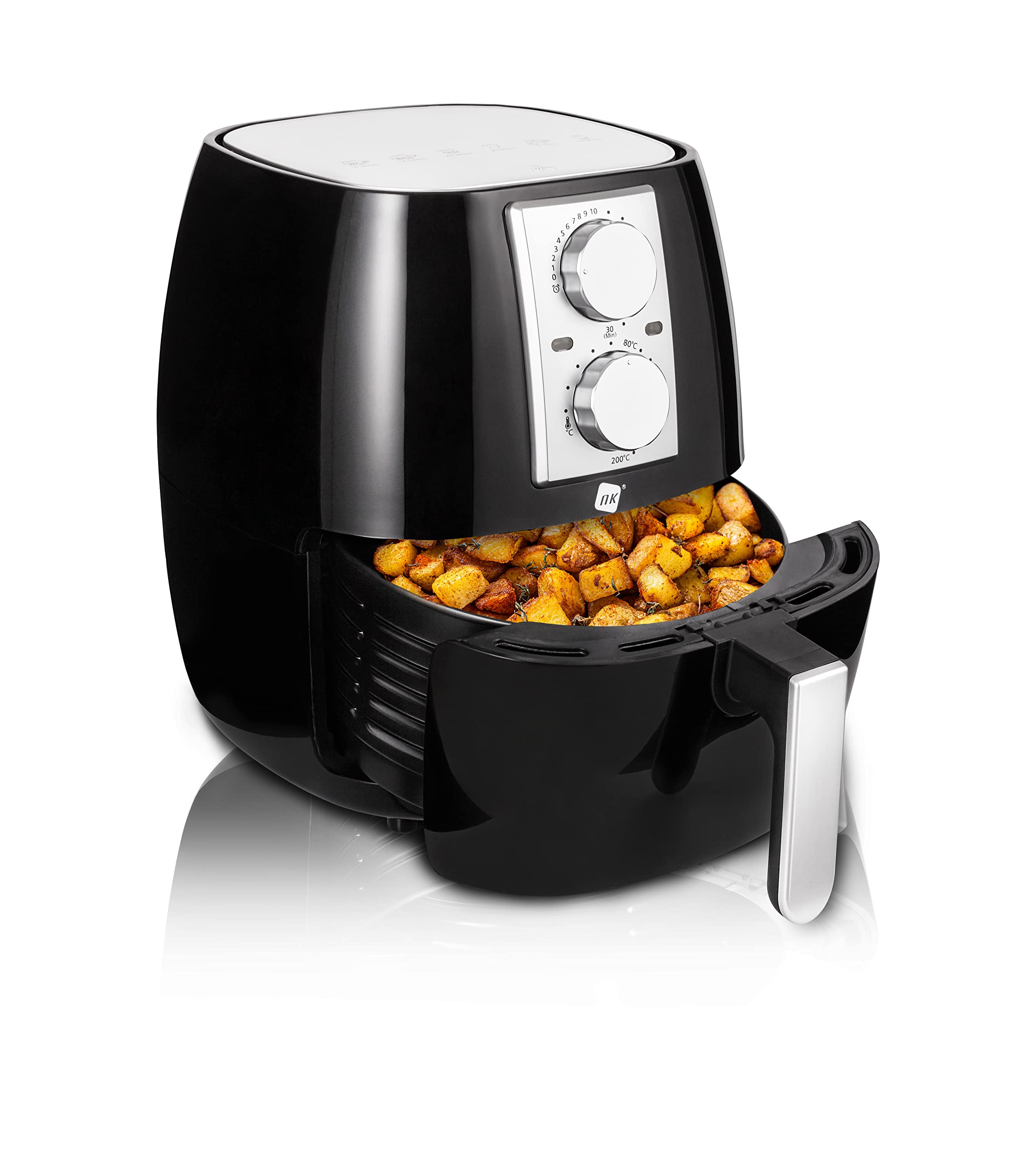 NK Freidora Mecánica sin Aceite 4,5L - Airfryer Caliente XL, Fácil de Usar, 6 Programas, 1500W, Temperatura Regulable hasta 200ºC (Libro de Recetas Digital ESP/EN) - Compatible con Lavavajillas
