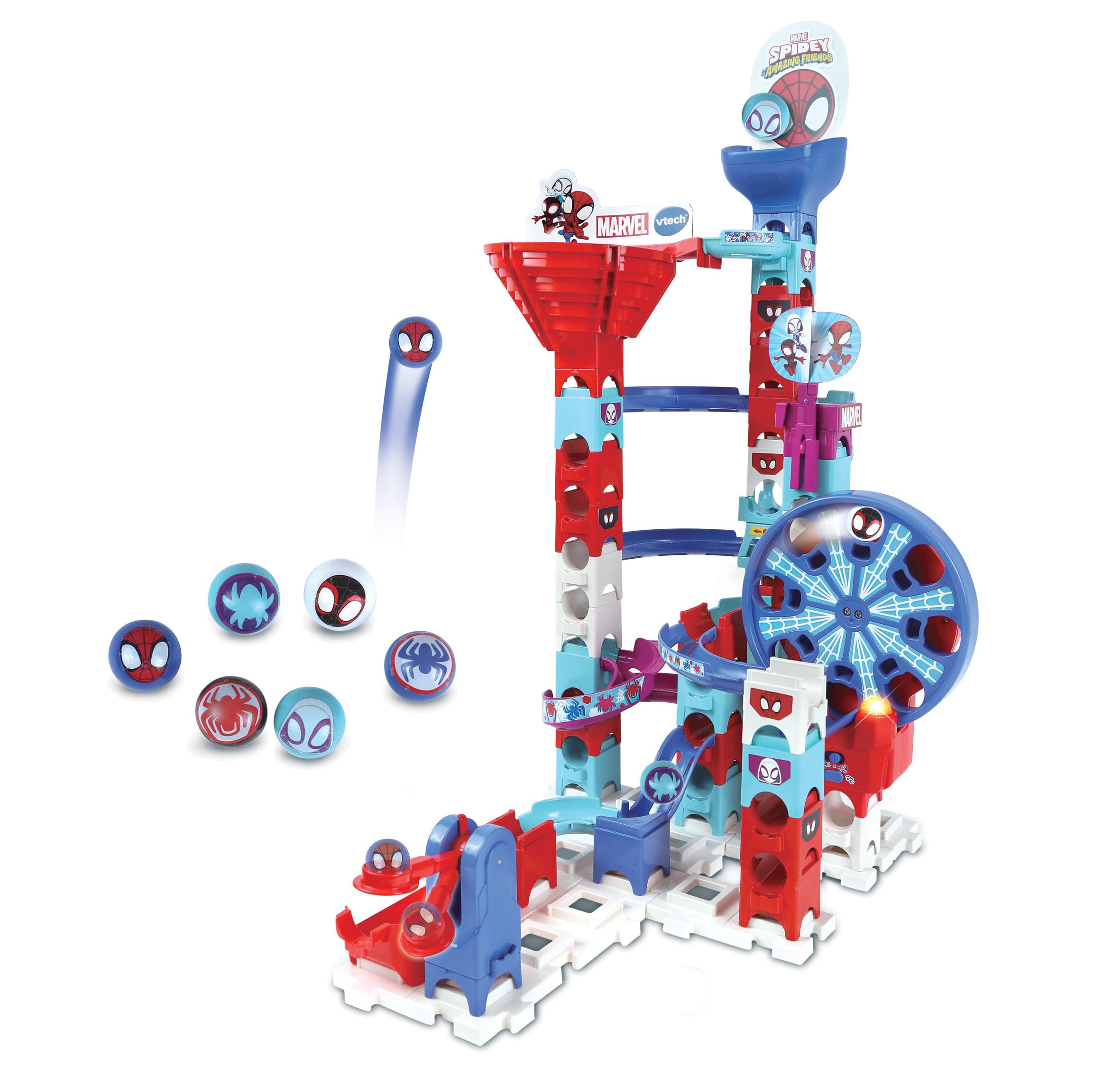VTech - Marble Rush Spidey Challenge, Circuito de canicas Interactivo y Juguete de construcción, 65 Piezas, 6 canicas Personalizadas, Regalo para niños +4 años, Contenido en Español
