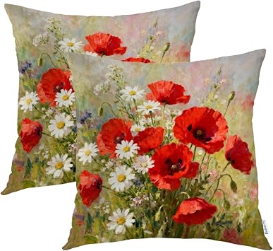 Batmerry Beige Abstract Poppy Throw Pillow Covers,Red Vintage Oil Painting Decorative Pillow Covers Digital Printing Blended Fabric for Couch Sofa Bed Invisible Zipper 18X18 in
