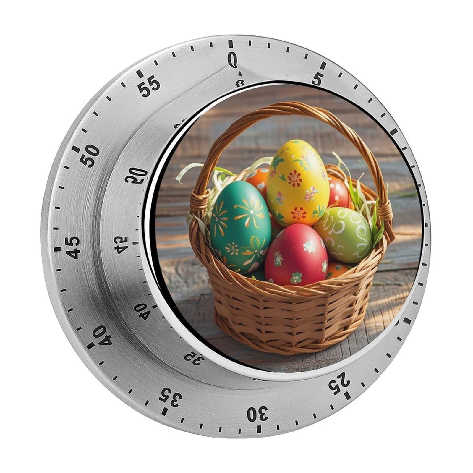Basket and Easter Eggs Fashion Visual Timers Wind Up 60 Minutes Desk Stainless Steel Magnetic Timer Countdown Clock No Batteries Loud Alarm for Kitchen Chef Cooking